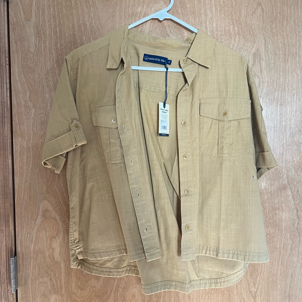 United By Blue tan flax organic cotton utility short sleeve button-up shirt